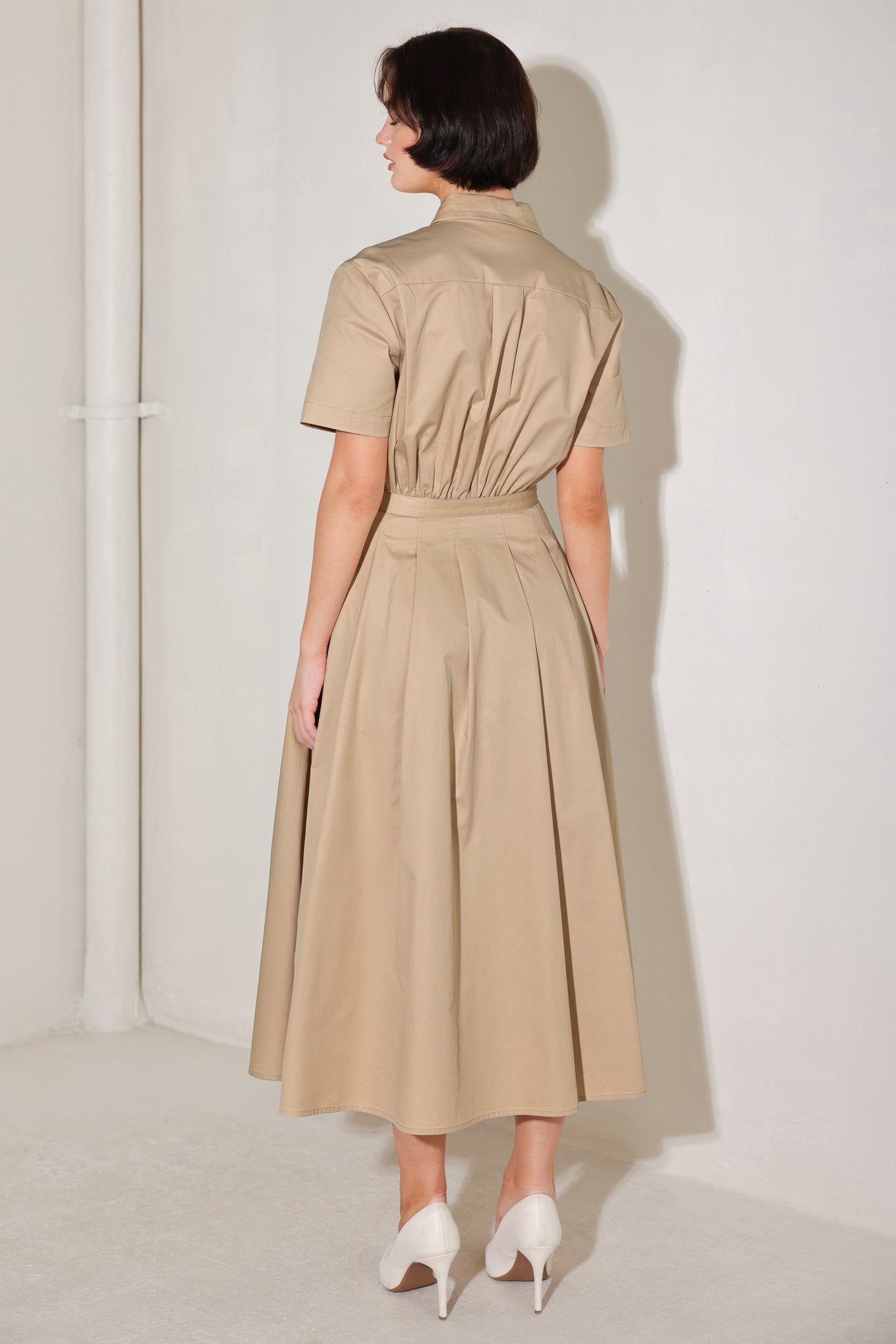 CINCHED COUTURE WOVEN MIDI DRESS