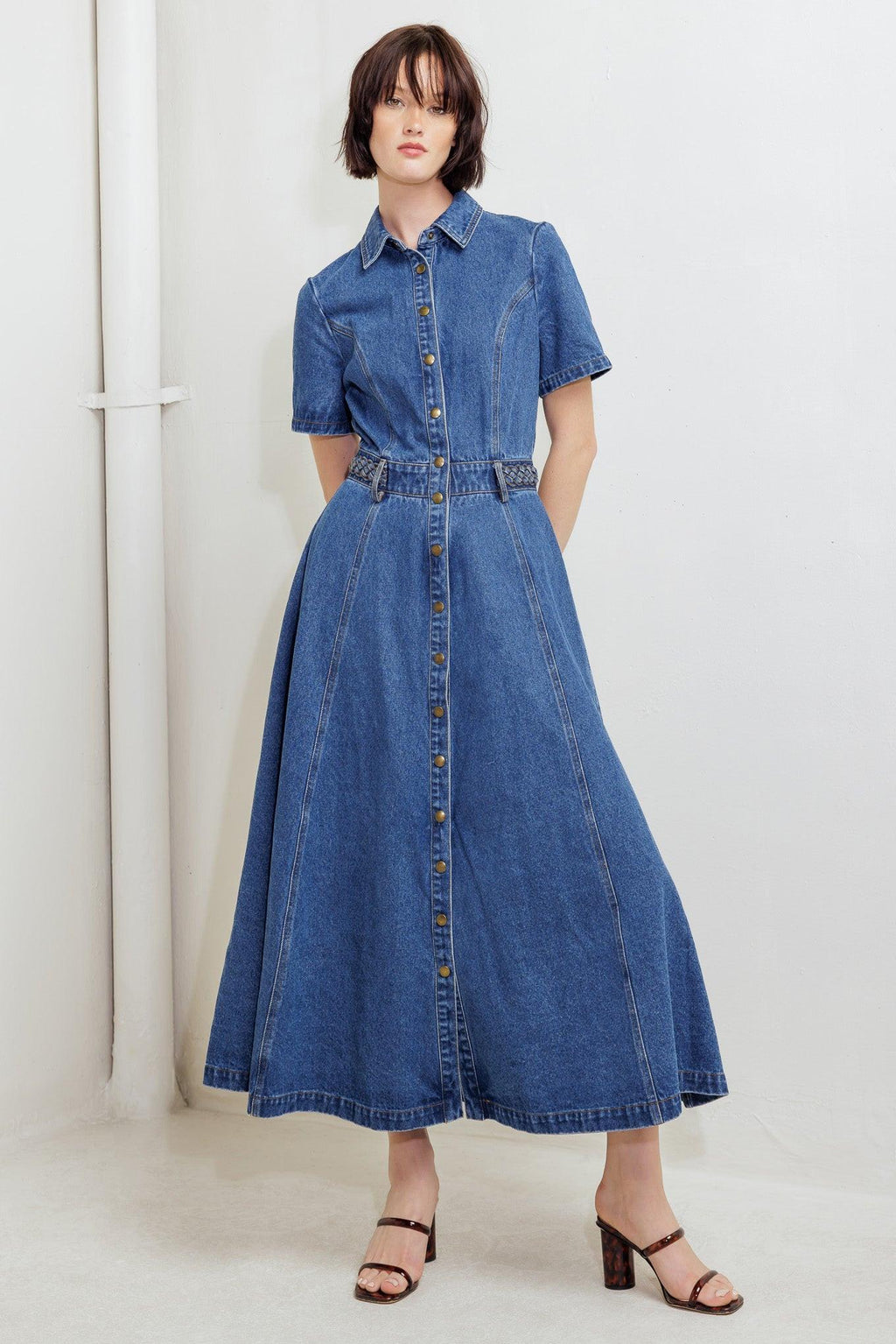 HIDDEN SMILE DENIM MIDI DRESS