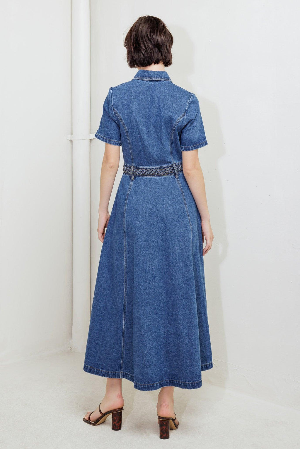 HIDDEN SMILE DENIM MIDI DRESS