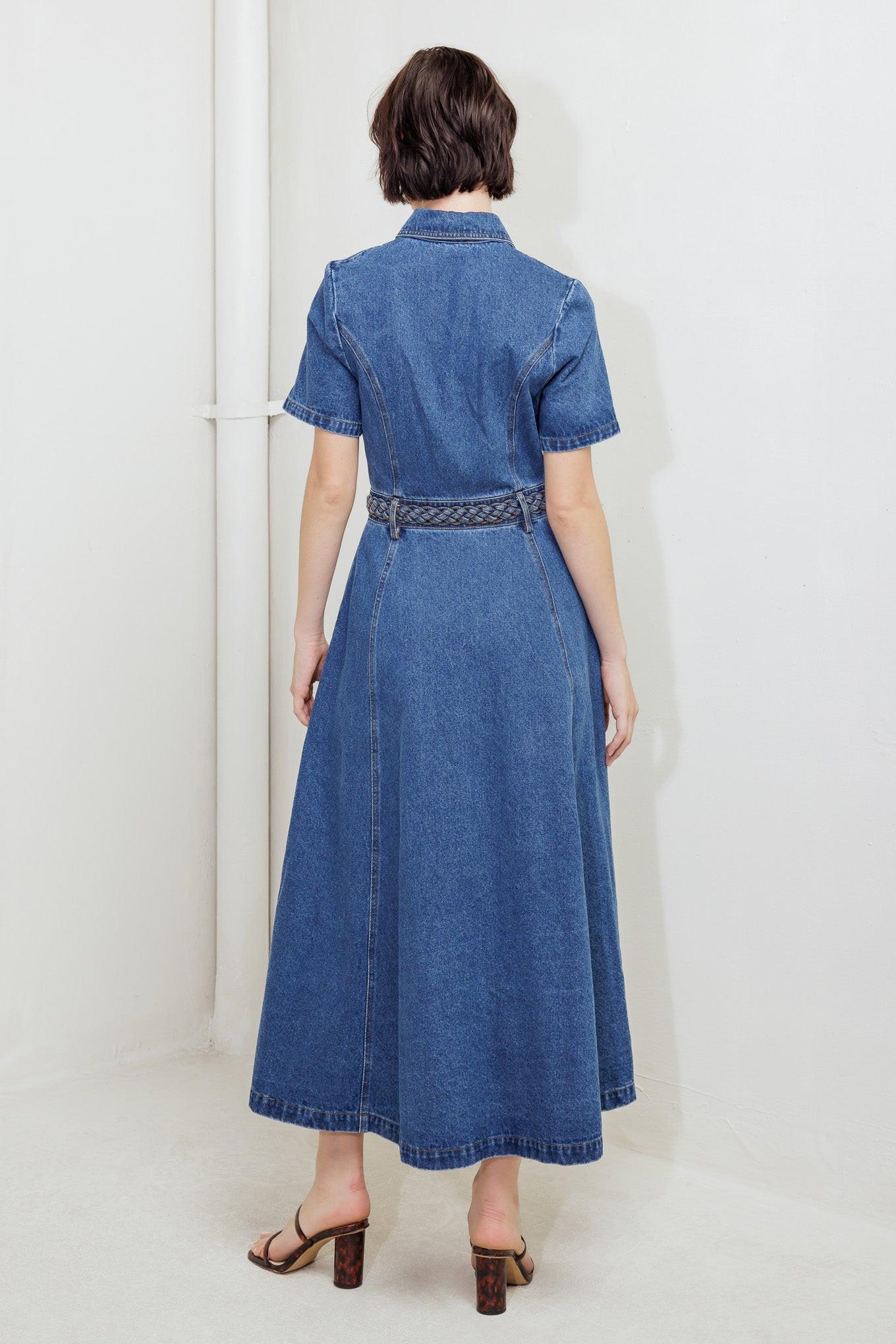 HIDDEN SMILE DENIM MIDI DRESS
