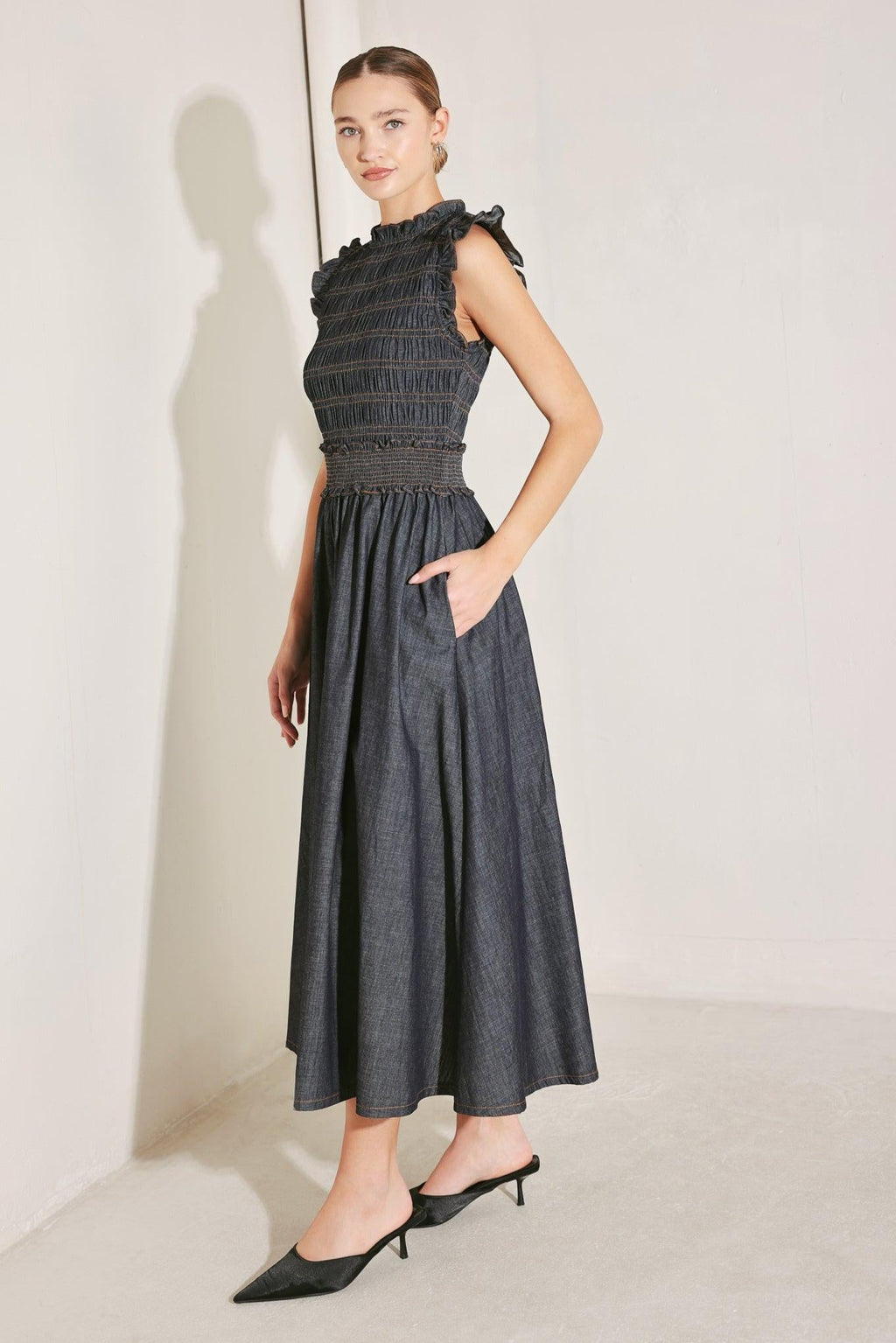 ROMANTIC REVERIE DENIM MIDI DRESS