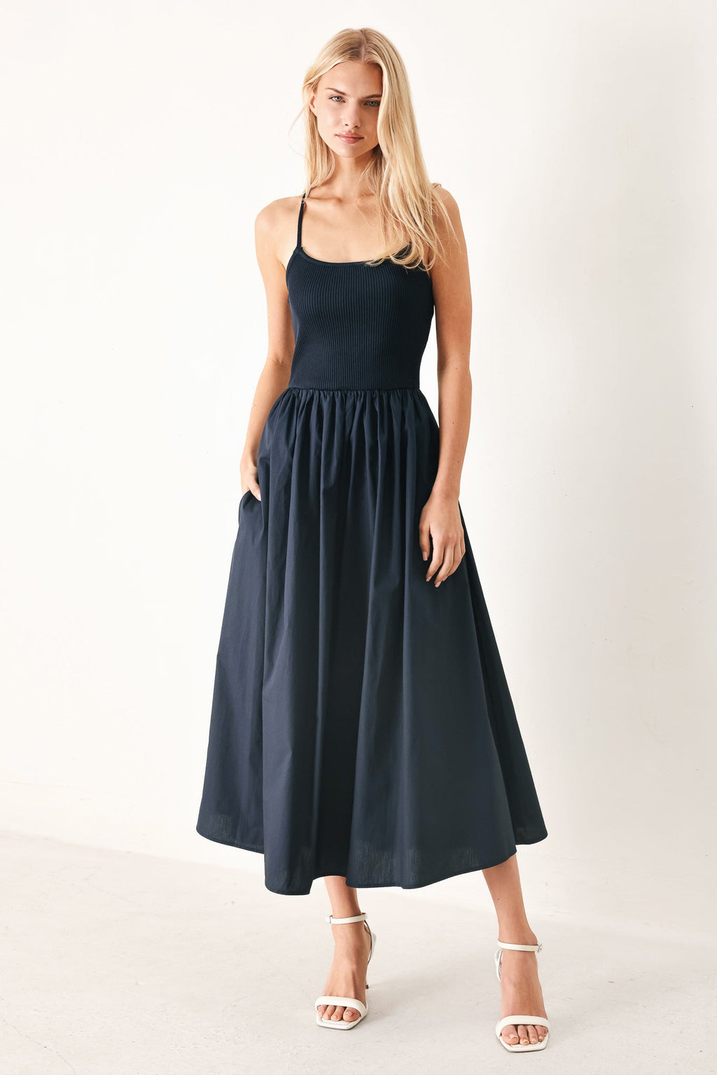 EASY BREEZE NAVY WOVEN MIDI DRESS