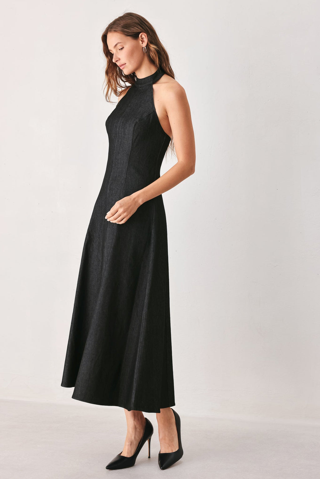 AFTER DARK HALTER DENIM MIDI DRESS