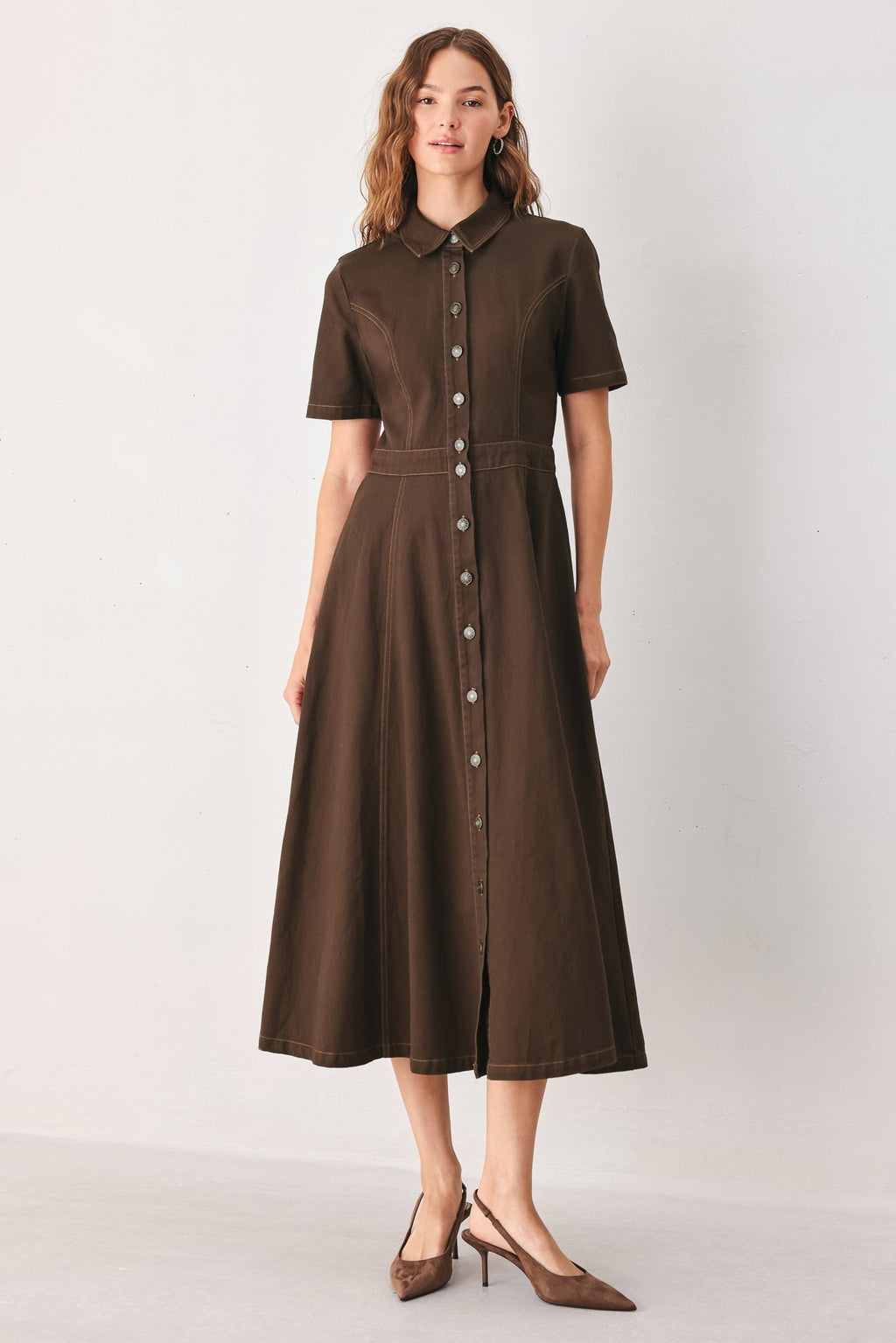 BARK BROWN VINTAGE WOVEN MIDI DRESS