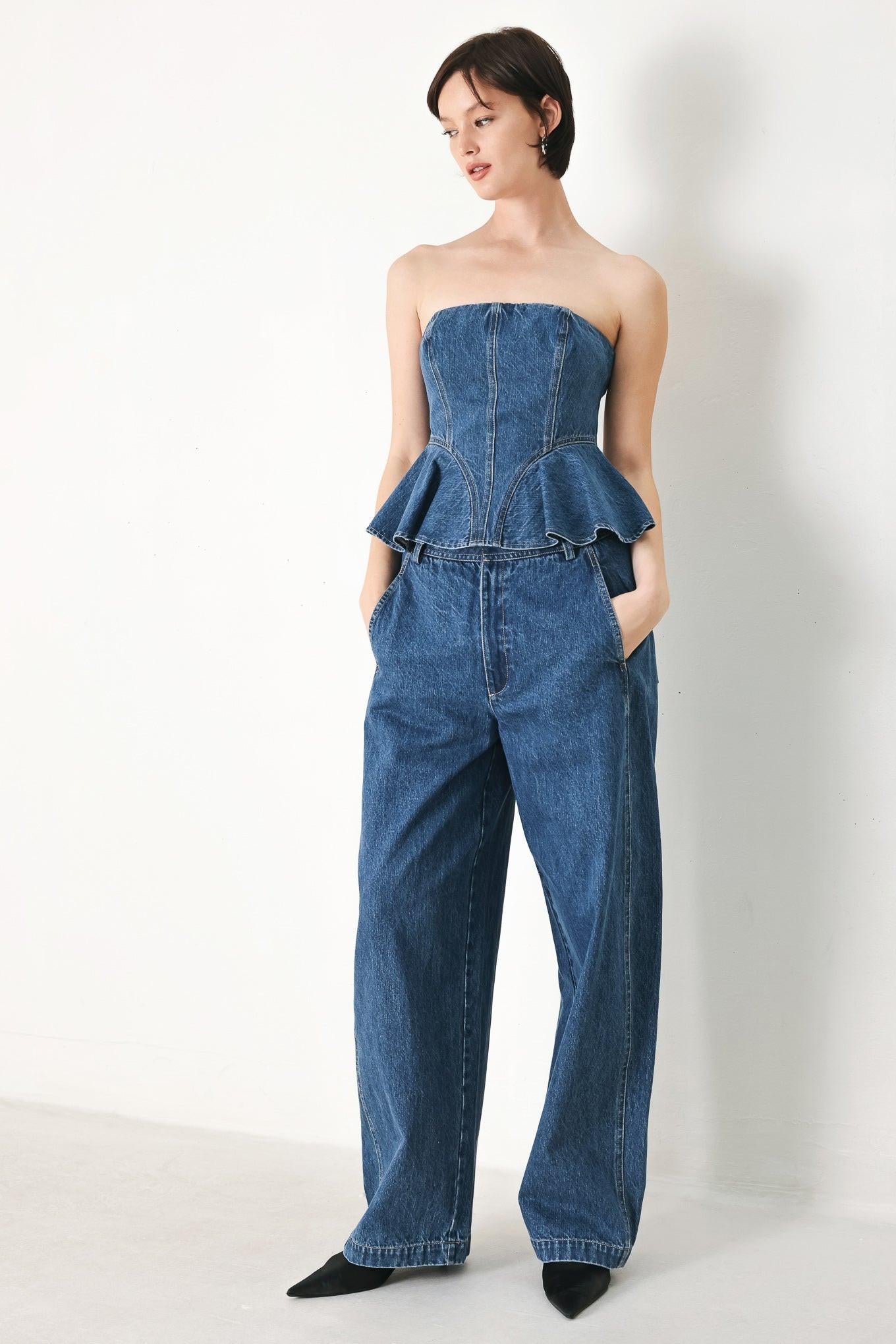 BLUE BLOSSOM BUSTIER DENIM TOP