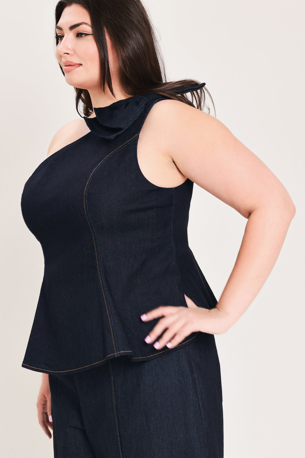 INDIGO BOW ONE SHOULDER DENIM TOP