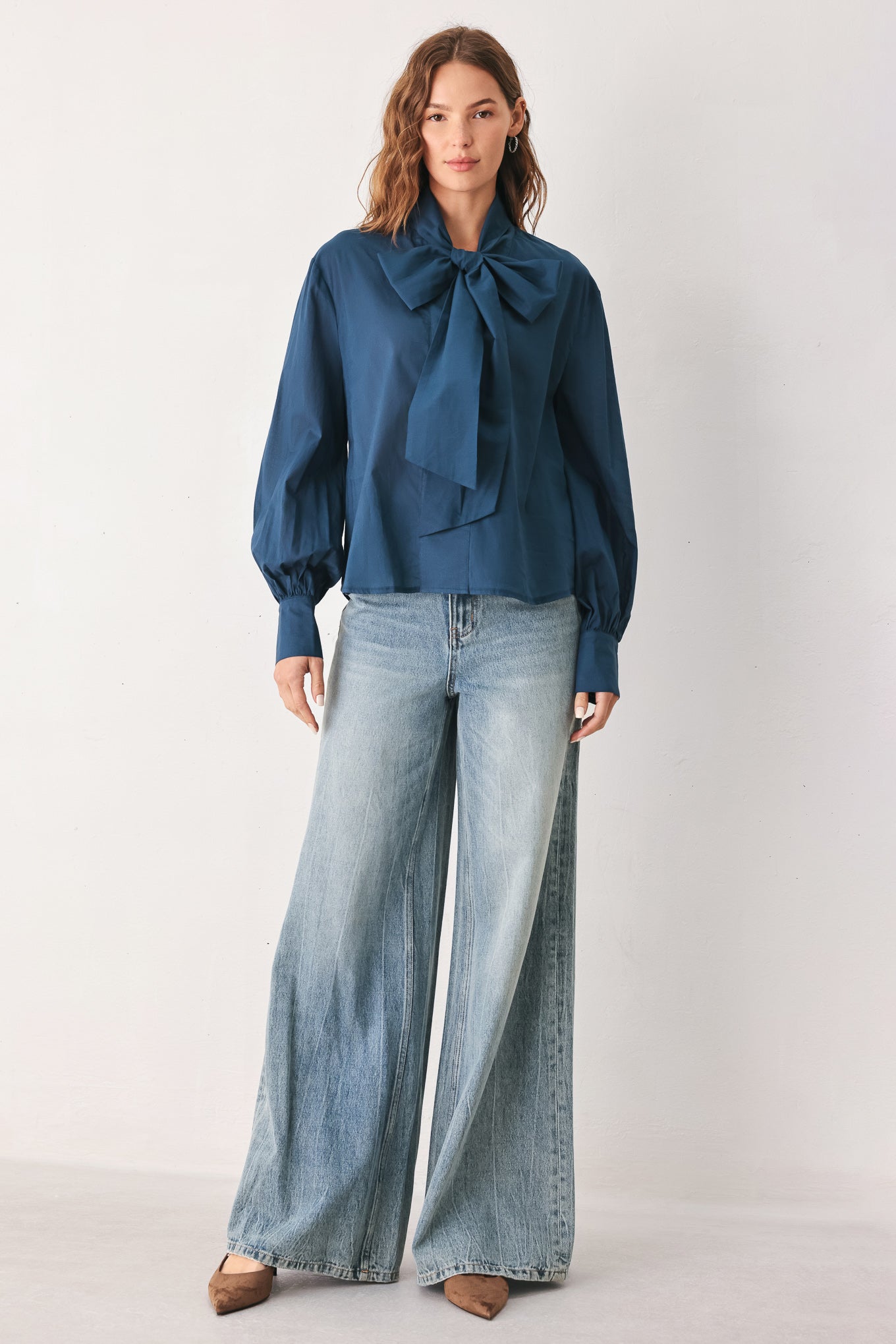 OCEAN INK PUSSY-BOW WOVEN TOP