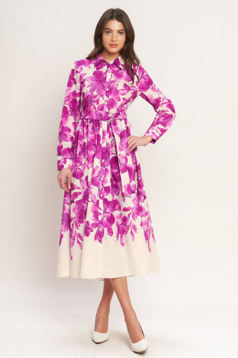 EVERGREEN CAMELLIA DREAM WOVEN MIDI SHIRT DRESS