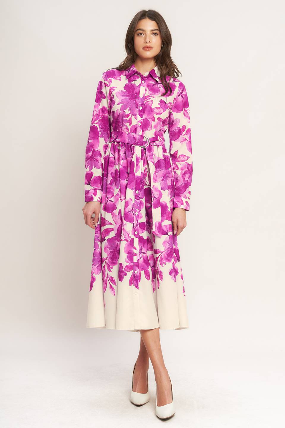 EVERGREEN CAMELLIA DREAM WOVEN MIDI SHIRT DRESS