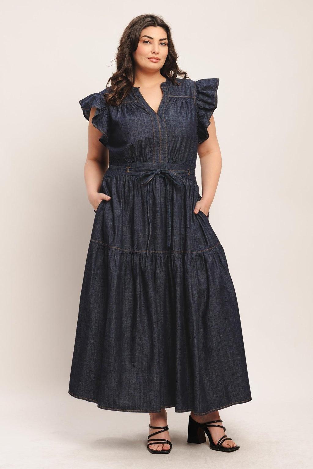 POWER DENIM GODDESS DARK INDIGO MIDI DRESS