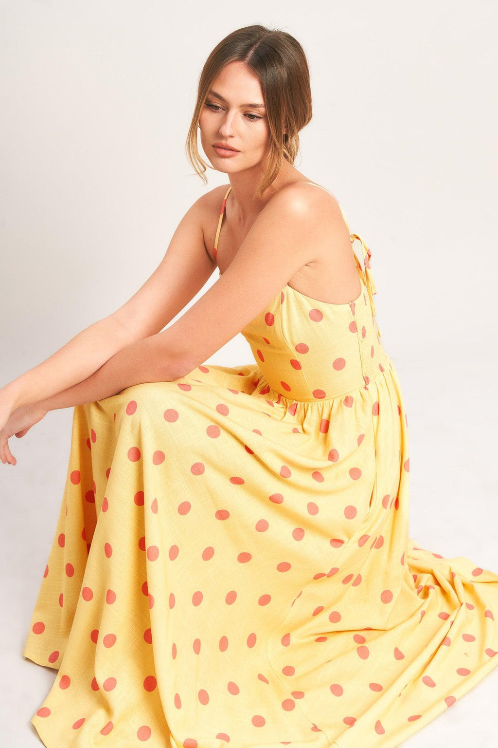 GOLDEN SUMMER POLKA WOVEN MIDI DRESS