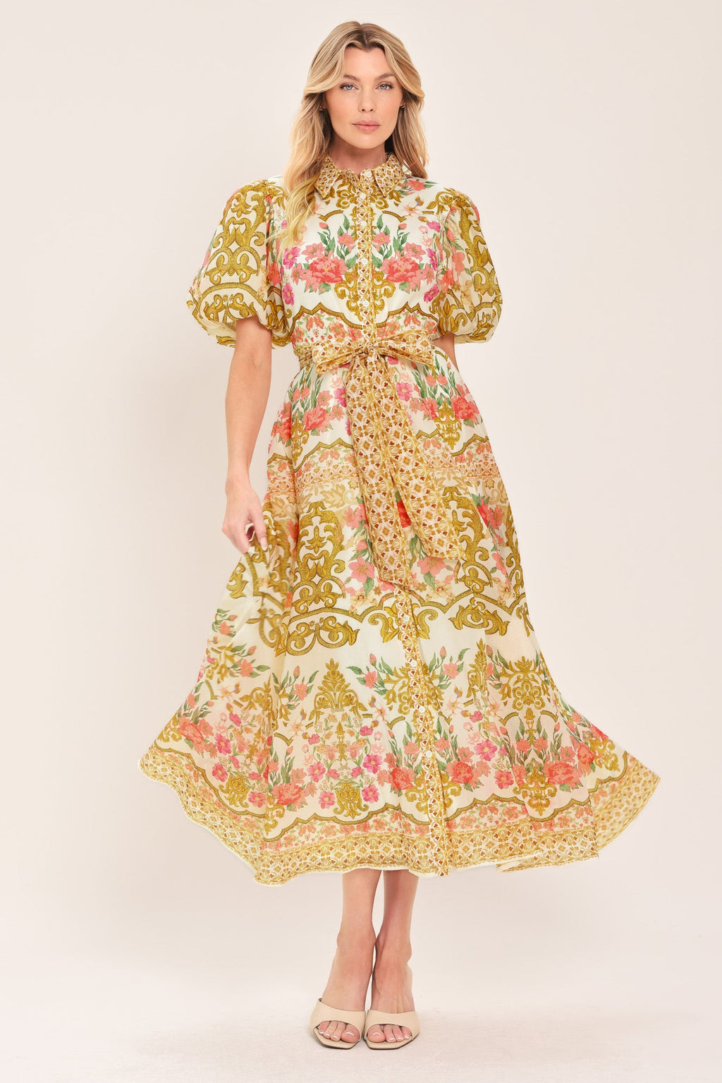 CHATEAU ROSE WOVEN MIDI SHIRT DRESS