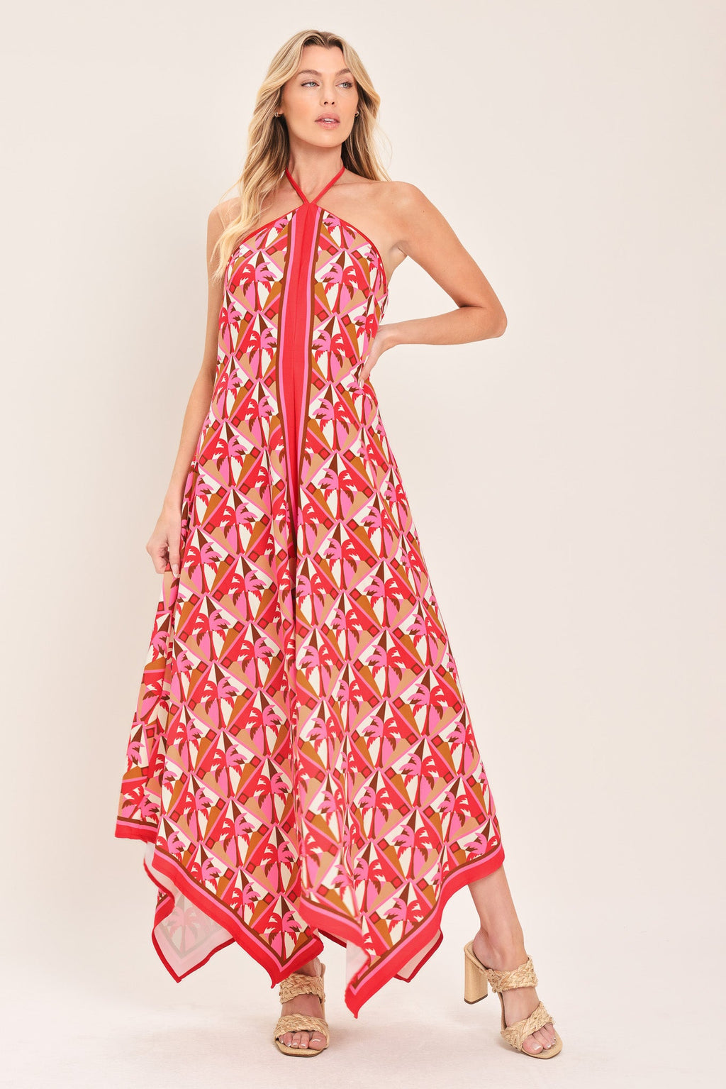TROPICAL TEMPTATION HALTER WOVEN MIDI DRESS