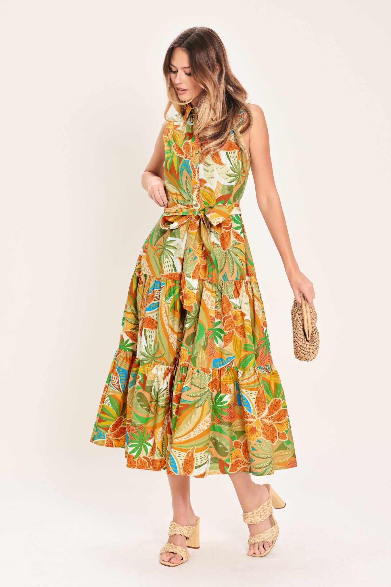 TROPICAL BLOOM TIERED WOVEN MIDI SHIRT DRESS