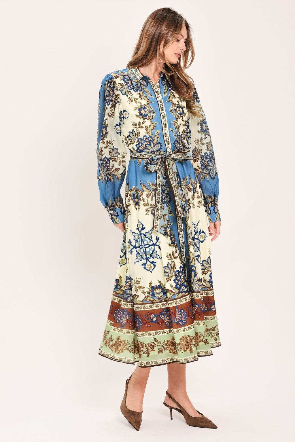 SKYBORNE ORNAMENTAL GRACE WOVEN MIDI SHIRT DRESS