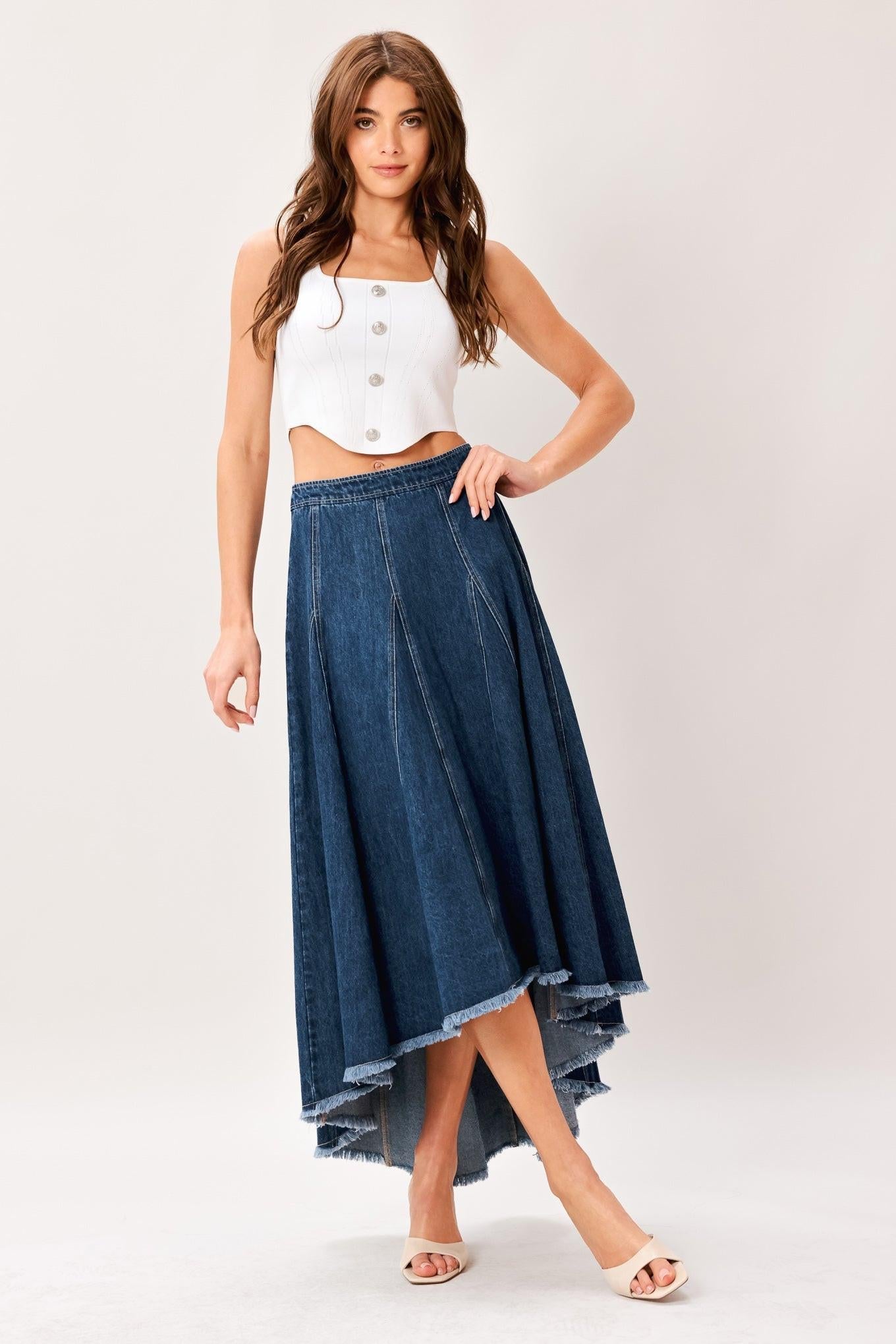 CITY SWING DENIM HI-LO MIDI CIRCLE SKIRT