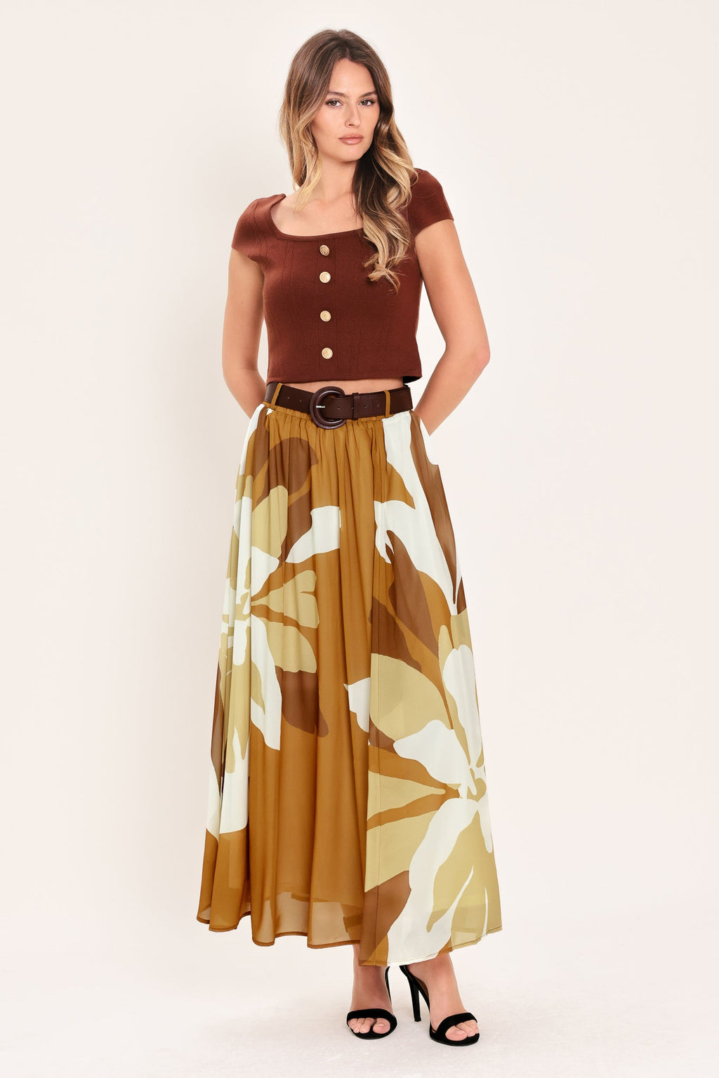 TOFFEE TROPICS WOVEN MIDI SKIRT