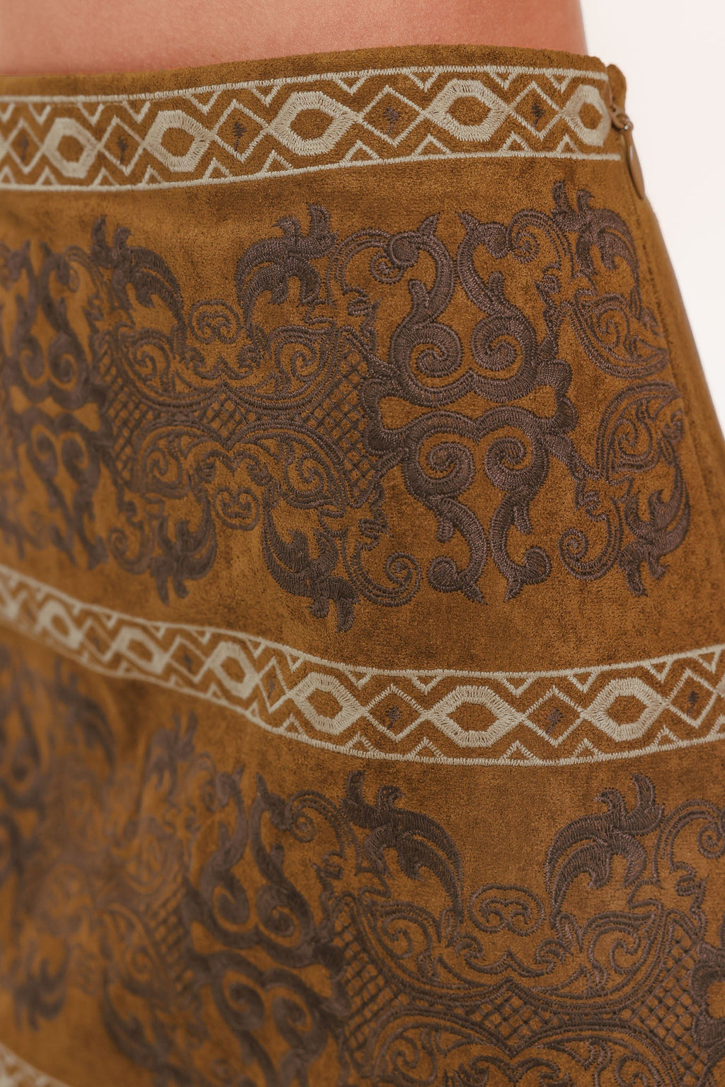 BRONZED TAPESTRY WHIM FAUX SUEDE SKIRT