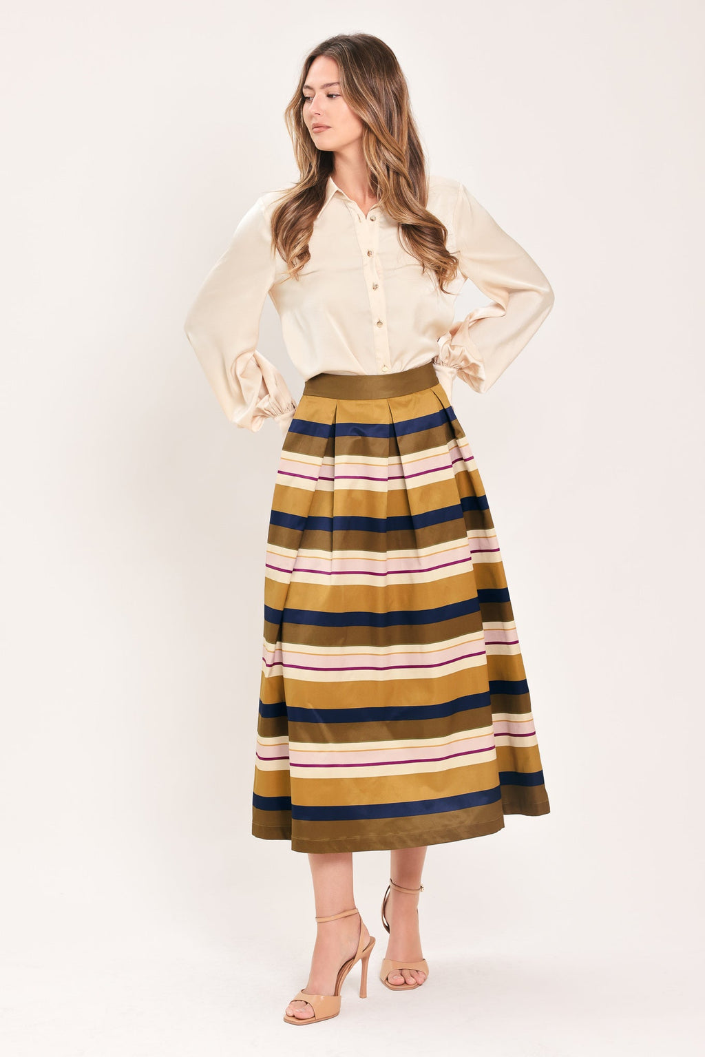 SAFFRON STRIPE WHISPER WOVEN FULL MIDI SKIRT