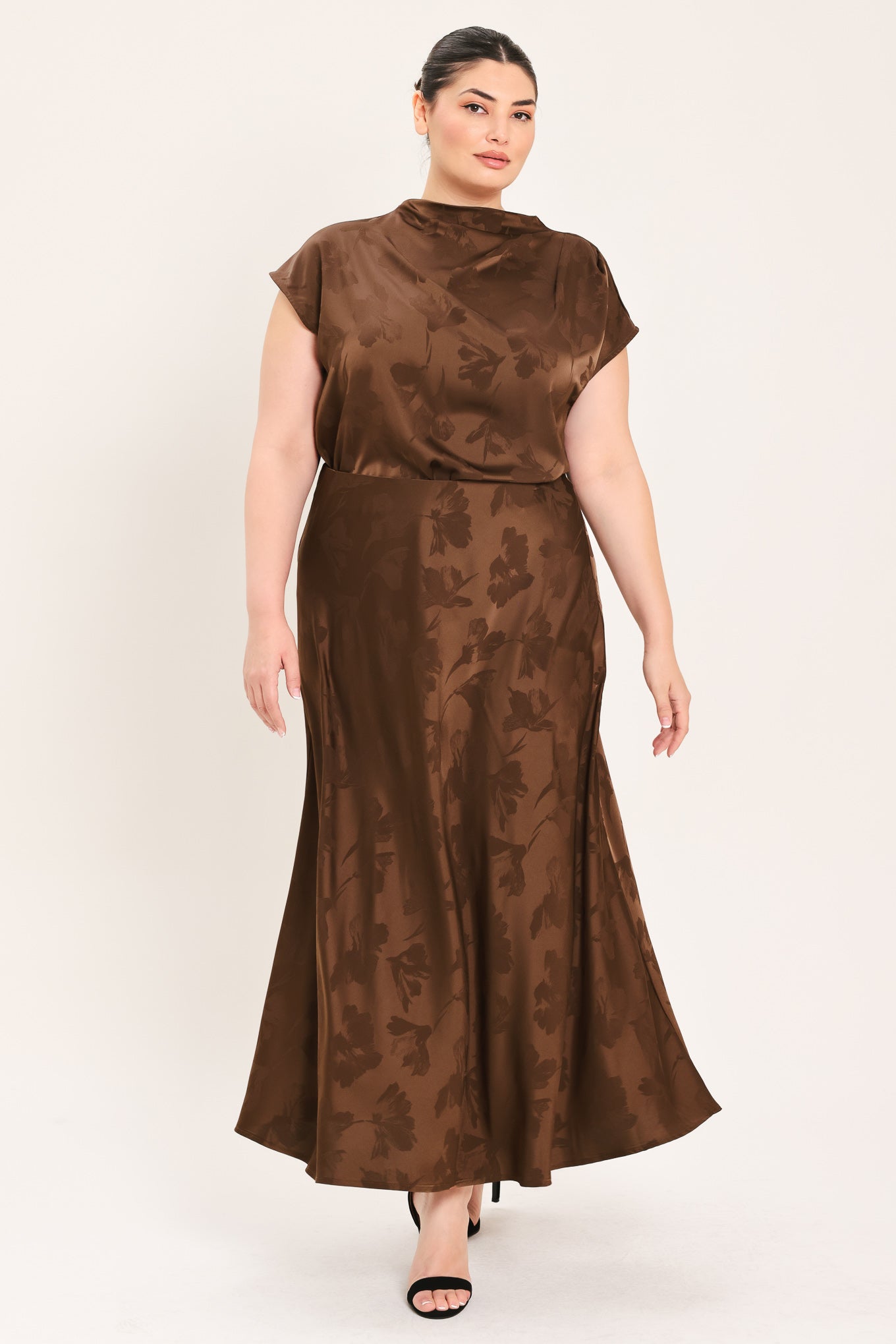 CHOCOLATE FLORAL WOVEN JACQUARD MIDI SKIRT