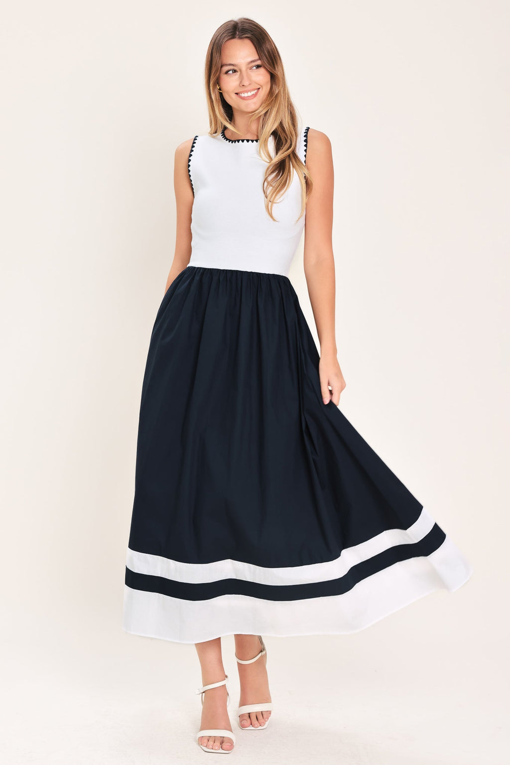 EVERYDAY ELEGANCE WOVEN COMBINATION MIDI DRESS